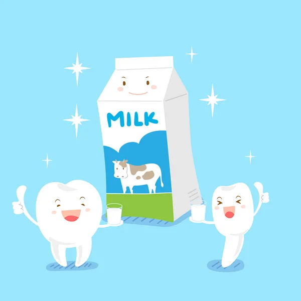 Cartoni animati dente sano con latte — Vettoriale Stock