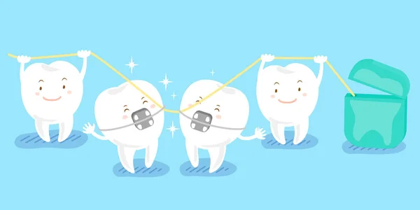 Cartoon-Zahn spielt mit Zahnseide — Stockvektor
