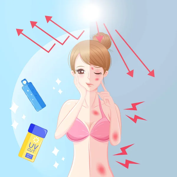 Femme avec problème de crème solaire — Image vectorielle