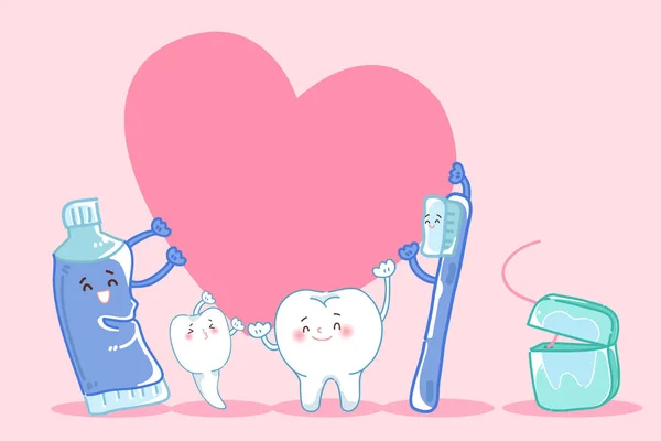 Roztomilý kreslený zub drží srdce — Stockový vektor