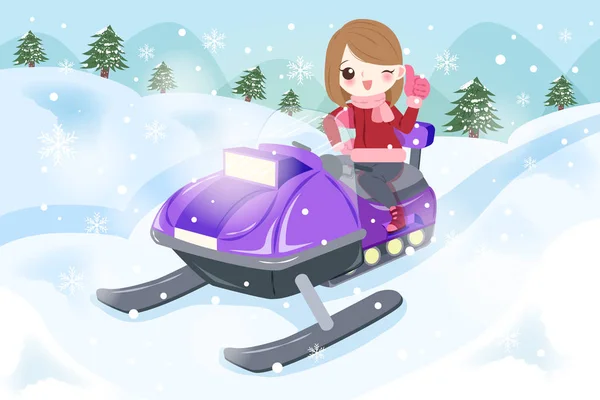 Woman is snowmobiling — Stock Vector