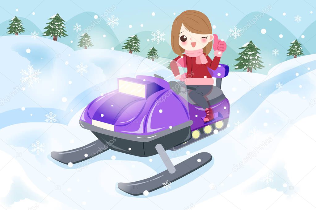 woman is snowmobiling