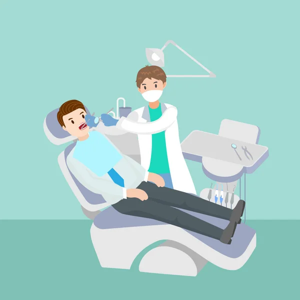 Dentista de dibujos animados con paciente — Vector de stock