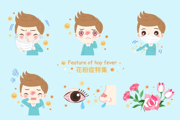 Niño Con Alergia Polen Característica Fiebre Del Heno Palabra China — Archivo Imágenes Vectoriales
