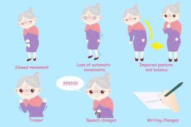 parkinson hastalığı mavi zemin üzerine yaşlı kadınla