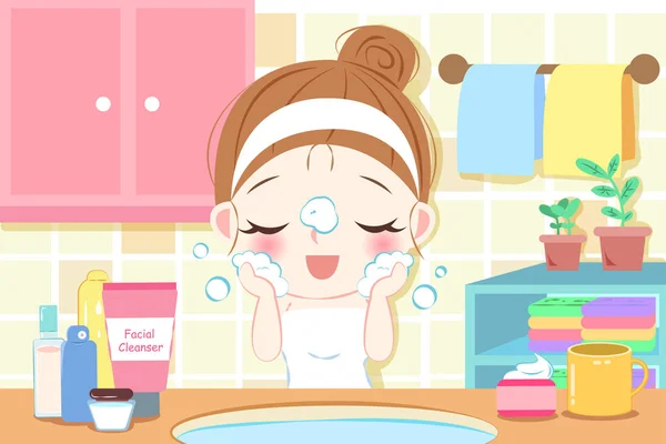 Skin care woman wash face — Stock Vector