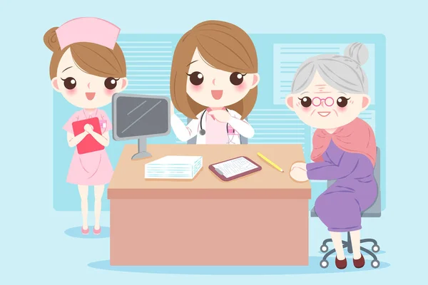 Médico de dibujos animados con paciente — Vector de stock