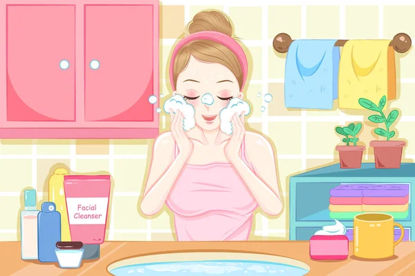 Wanita mencuci muka - Stok Vektor
