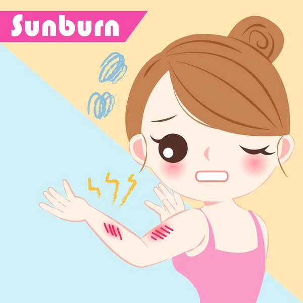 Kreslený žena s problémem spálení sluncem — Stockový vektor