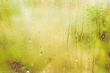 Yağmurlu bir gün. Pencere camına su damlaları.