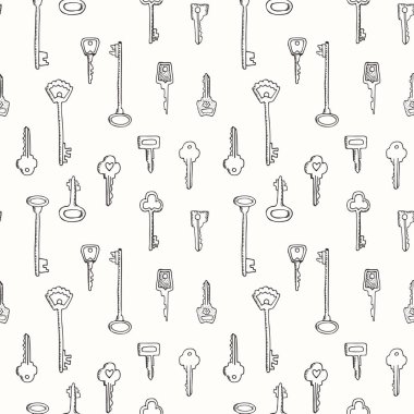 Vintage anahtarları seamless modeli. Vektör doodle elle çizilmiş çizim. Paket kağıdı, duvar kağıdı, Tekstil desen tasarımı. Yetişkin renklendirme sayfa.