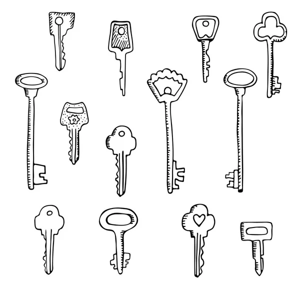 Vector hand drawn doodle vintage keys collection. Isolate design elements on white background, wedding and scrapbooking design elements set. — Stock Vector