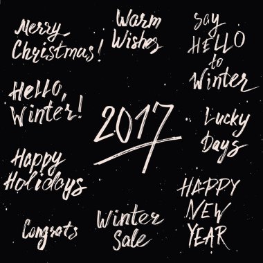 Mutlu yeni yıl 2017 ve neşeli Noel tatili yazdırılabilir şablonları ayarlamak. Vektör el işaretçisi üzerinde izole beyaz arka plan yazı çekilmiş. Kış indirimi, dilek, mutlu tatiller ilham tasarım.