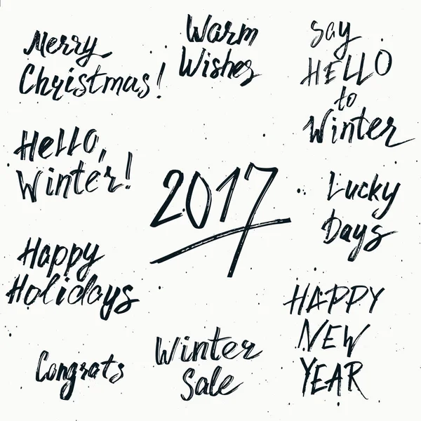 Mutlu yeni yıl 2017 ve neşeli Noel tatili yazdırılabilir şablonları ayarlamak. Vektör el işaretçisi üzerinde izole beyaz arka plan yazı çekilmiş. Kış indirimi, dilek, mutlu tatiller ilham tasarım.