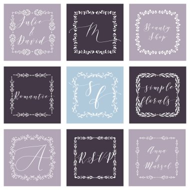 Çiçek çerçevesi ya da Monogram El Çizimi Elementi. Düğün Davetiyeleri, Tebrik Kartı veya Menü için Çizgi Bölümleri Çizelgesi.