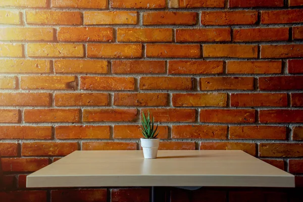 Mur de briques rouges avec table et pot de plantes vertes — Photo