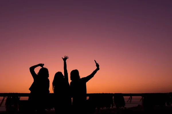 Silhouette of friend enjoying for selfie — Stock Photo, Image