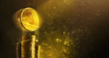 Mali kavramı, uçan altın dolar sikke, sikke yığını ve lüks altın bokeh arka plan olarak