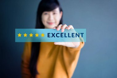 Customer Experience Concept, Happy Woman Show Excellent Rating with Five Star icon for her Satisfaction on transparent label