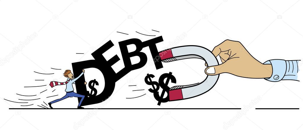 Struggle for Money of Debt Concept , Hand of Creditor using Magnet to Attracting Money from Debtor, Cartoon Drawing style
