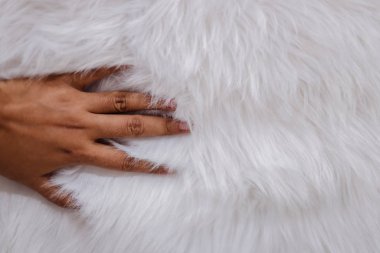 Closeup of Hand Touching Fur Fabric Texture. Smooth Fluffy and S