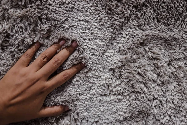 Closeup of Hand Touching Fur Fabric Texture. Smooth Fluffy and S