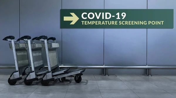 Airport Sign for Covid-19 Virus Situation in a Terminal. Direct to Temperature Screening Point. Health Issue, Travel and Transportation Concept