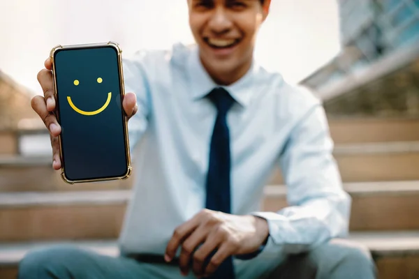 Customer Experiences Concept Young Businessman Giving Happy Face Icon Positive — Stock Photo, Image