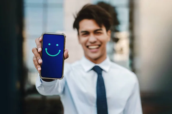 Customer Experiences Concept Young Businessman Giving Happy Face Icon Positive — Stock Photo, Image