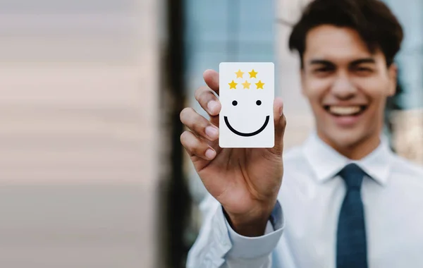 고객의 경험에 사업가 Feedback Happy Face Icon Positive Review Card — 스톡 사진