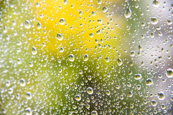 Rain drops on autumn window after a heavy rain. Sunny day — Stock Photo, Image