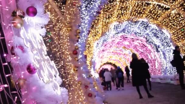 People Lit Colored Lights Tunnel Pushkinskaya Square Tverskaya Street Decorated — Stock Video
