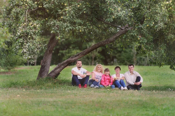 Ευτυχισμένη οικογένεια έχει ένα υπόλοιπο κάτω από το μήλο δέντρο — Φωτογραφία Αρχείου