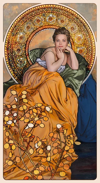 Art Nouveau styled woman with flowers and frame — Stock Photo, Image