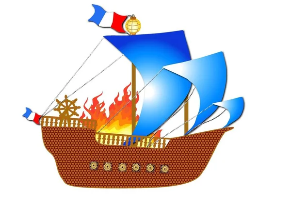 Navio medieval francês em chamas — Vetor de Stock