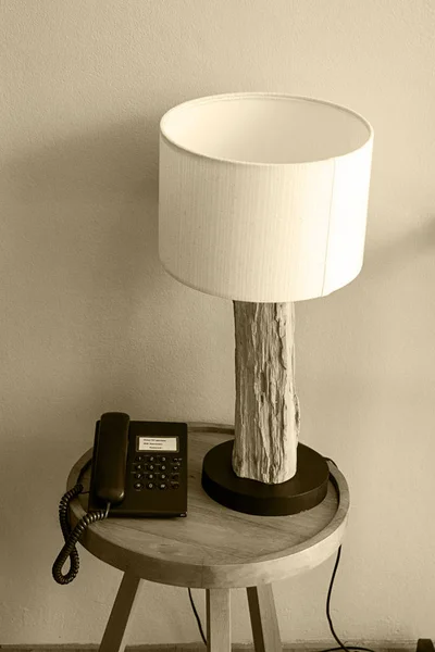 bedside lamp wood trunk indoors modern telephone table retro