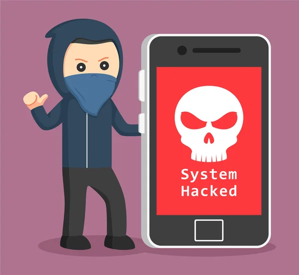 Hacker with big smartphone — Stock Vector