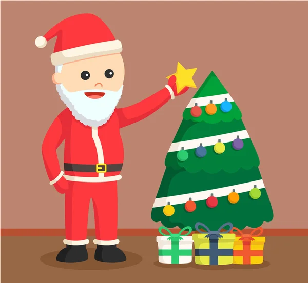 Santa claus puting star on tree — Stock Vector