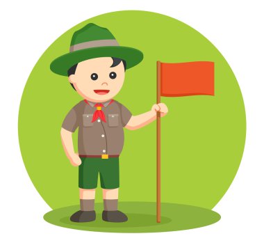 şişman izci çocuk turuncu bayrak ile