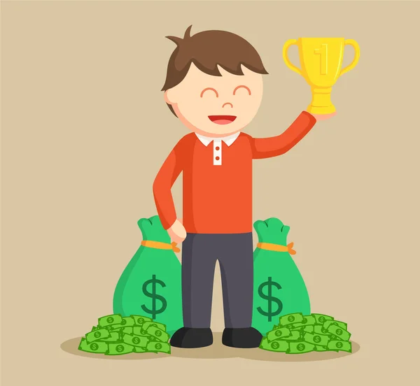 Homme gagnant trophée et argent — Image vectorielle