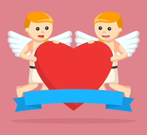 Two cupid holding big heart and banner — Stock Vector