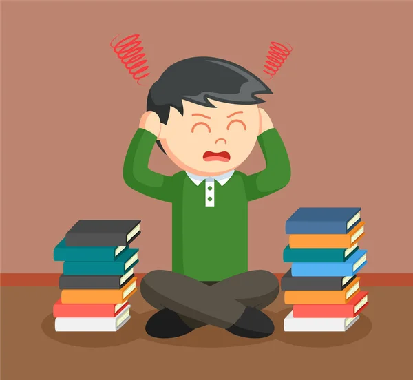 Teen boy stress out with school books — Stock Vector