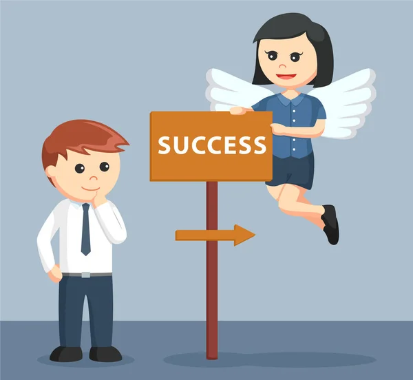 Female business angel showing direction to success — Stock Vector