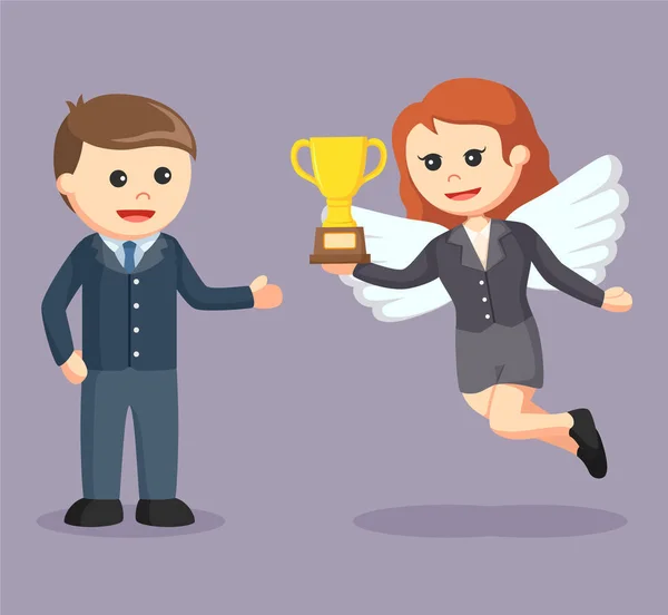 Žen v podnikání anděl dávat trophy — Stockový vektor