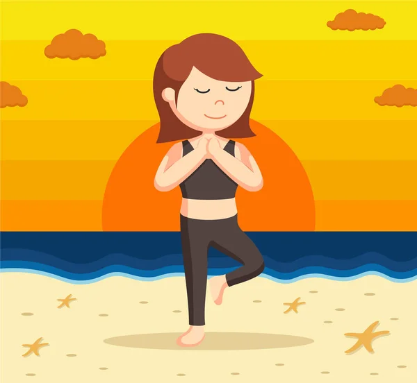 Yoga vrouw mediteren op sunset beach — Stockvector