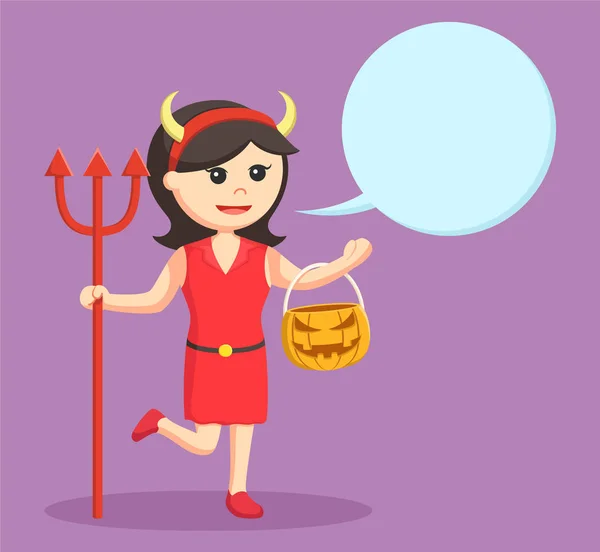 Chica diablo con bolsa de calabaza y callout — Vector de stock