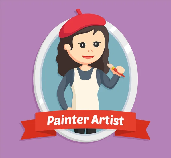 Mujer pintor en emblema — Vector de stock