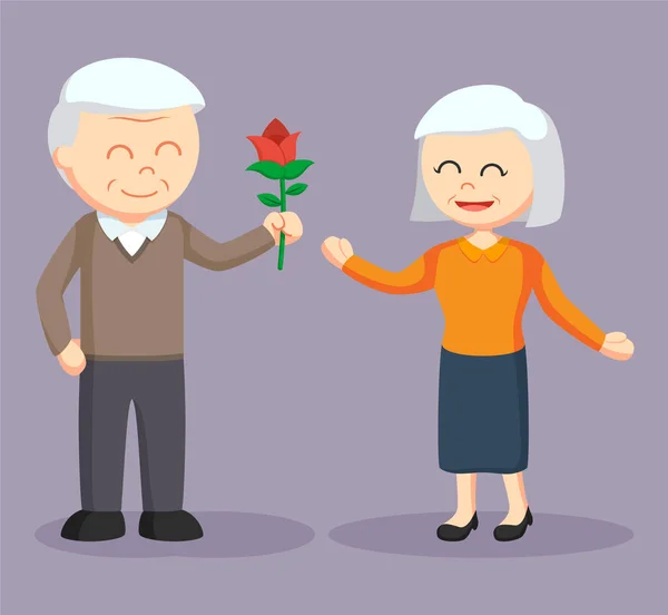 Staruszek, dając kwiat róży do starej kobiety — Wektor stockowy