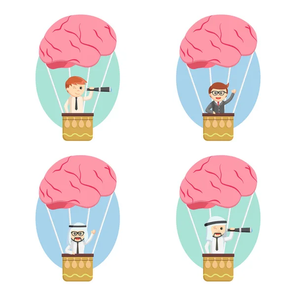 Businessman ride brain air balloon set — Stock Vector