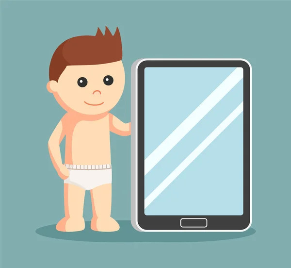 Bebé niño con tableta gigante — Vector de stock